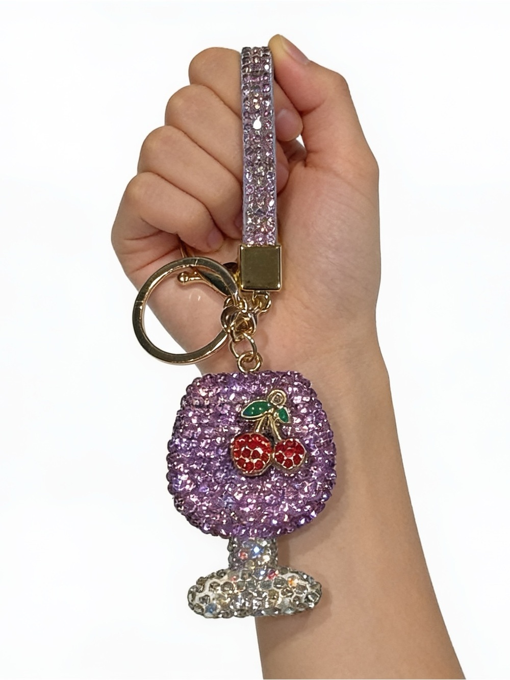 Crystal 3D Cherry Charm Keychain Wristlet - Lavender